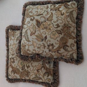 Two teal Waverly paisley 18x fringed throw pillows